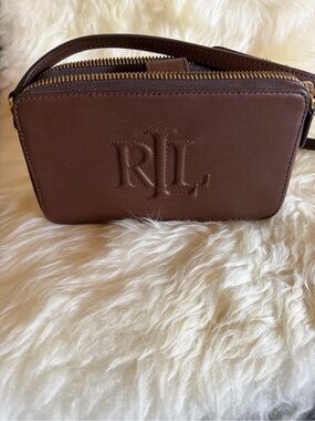 Ralph Lauren Dark Brown Leather RL Embossed Double-Zip Mini Crossbody
